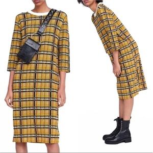 Zara Knit Plaid Midi Dress Mustard Yellow Black Size Small